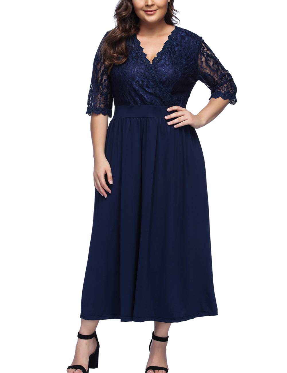 Women's Plus Size Half Sleeves Wrap V Neck Empire Waist Floral Lace Party Maxi Dress (Plus-Blue, X-Large)