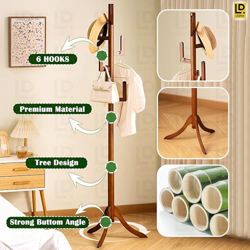 Image of LEOPAX Premium Bamboo Floor Standing Coat Rack with 6 Hooks | Heavy Stable Base Coat Stand for Jackets, Bags, Hats & Scarves | Dark Brown (170 x 50 x 50 cm)