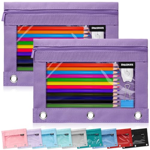 Image of SPACEMATE 2 Pack Pencil Pouch for 3 Ring Binder, Clear 3-Hole Zipper Case | Metal Grommets, School Supplies Organizer for Girls, Boys & Kids, Preppy Aesthetic Style, 1 Pack, Purple