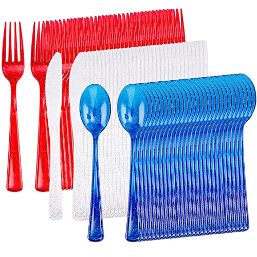 Supernal 120Pcs 4th of July Plastic Silverware Heavy Duty Patriotic Plastic Cutlery Set for 40 Guests - Red White and Blue Silverware Patriotic Party Supplies for Independence Day BBQ & Picnic