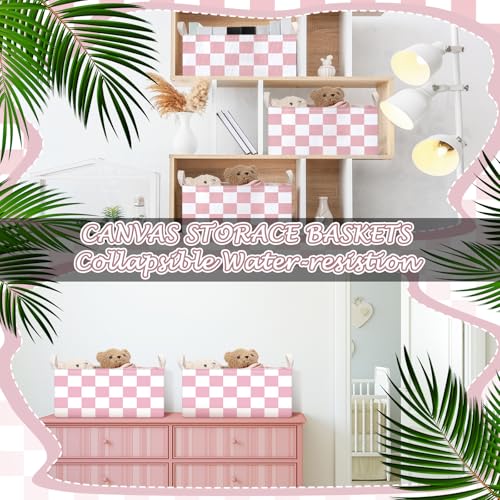 Image of Boao 3 Pcs Pink and White Checkered Storage Basket with Handle Cute Car Baskets Gingham Classroom Laundry Toy Storage Bin Organizer Canvas Plaid Hamper for Dormitory Home Nursery Bathroom Bedroom