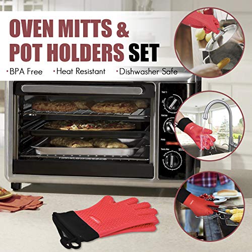 Image of Kitchen Oven Gloves - Silicone Double-Layer Heat Resistant Oven Mitts /BBQ Gloves /Grill Gloves - Perfect for Baking and Grilling - 1 Pair (Small, Red Long)