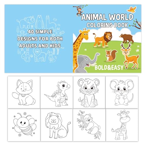 Libro para colorear con animales – 250 g de páginas en espiral lindas, obras de arte divertidas y divertidas, ilustraciones sencillas para principiantes, alegre hecho a mano para practicar, colección