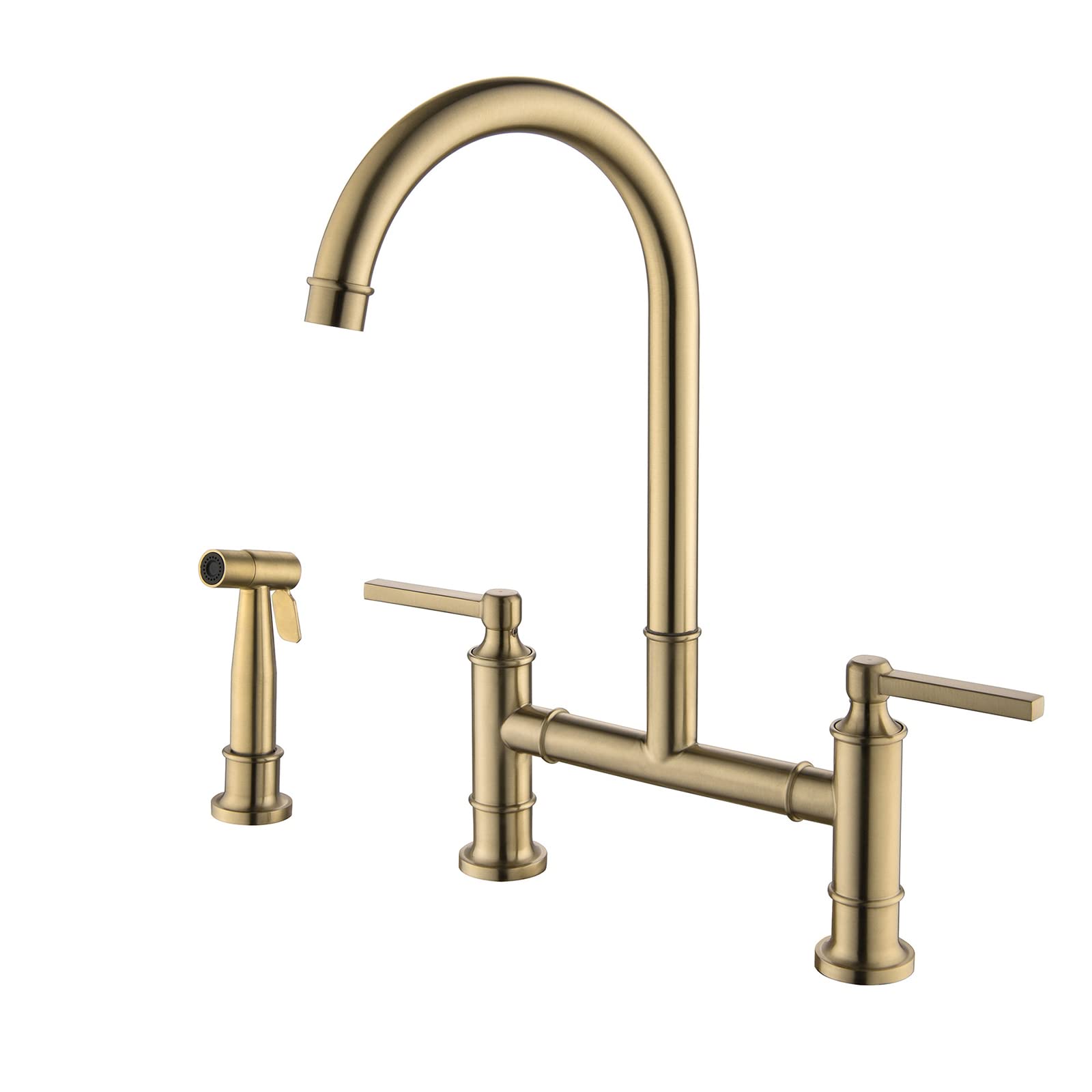 Kitchen Faucet, Brushed Gold Bridge Faucet with Bidet Brass 3 Hole 2 Handle Sink
