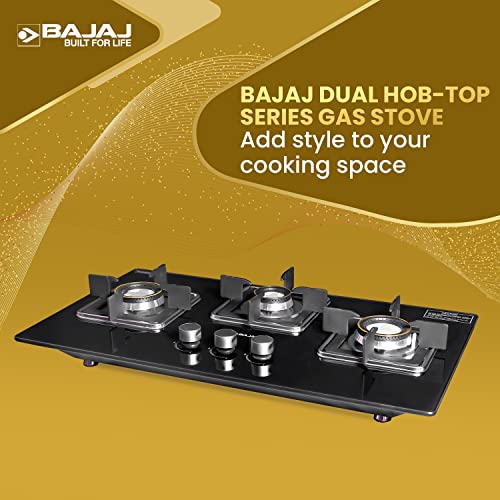 Bajaj Dual Hob Top & Gas Stove 3 Burners8mm Toughened Glasstop Smart