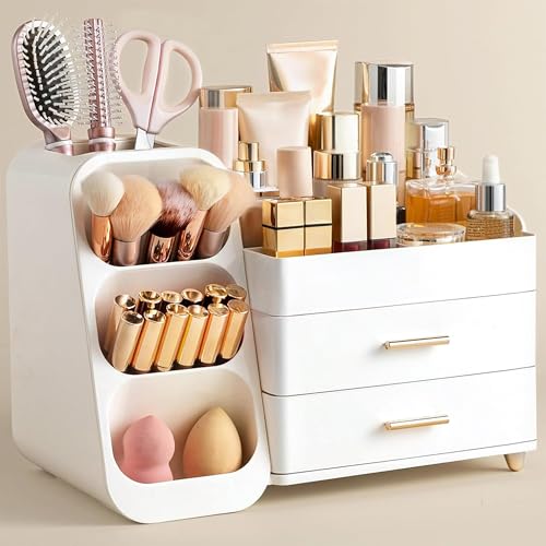 HBlife Makeup Organizer with Brush Holder for Vanity, Large Plastic Bathroom Countertop Organizer Skin Care Storage, Easy to Store Lipsticks, Nail Polishes, Perfumes, Eyeshadow Palettes, All White