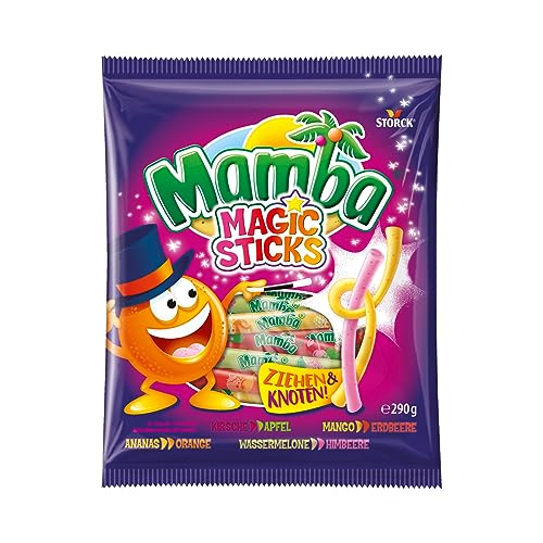 Mamba Magic Sticks – 1 x 290g – Kaubonbon-Stangen mit wechselndem Fruchtgeschmack in vier verschiedenen Doppelsorten – Süßigkeiten Mix einzeln verpackt 1