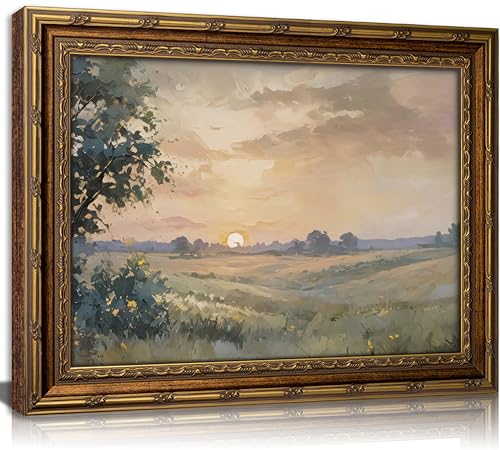 Vintage Gold Framed Wall Art Retro Fall Sunset Country Oil Painting Canvas Prints Watercolor Autumn...