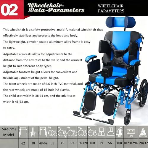 Image of Pediatric Reclining Wheelchair for Kids & Teens, 16 inch Rear Wheels, Foldable Aluminum Frame with Dining Tray & Canopy, Adjustable Seat Width for Cerebral Palsy & Neurological Support (Blue)