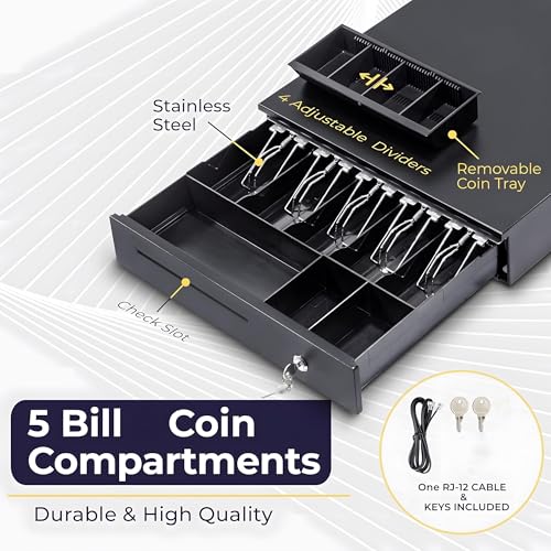 Image of 24x7 eMall 5 Slot Electronic And Manual Cash Drawer Register for Point of Sale (POS) System with 5 Bill And Coin Cash Tray, Removable Coin, 24V, RJ11 /RJ12 Key-Lock, Cash Box- Size- 40 cm x 40 cm