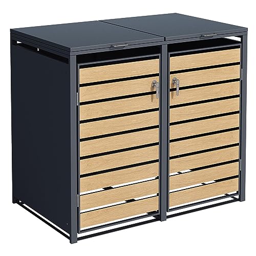ESTEXO Mülltonnenbox Mülltonnenverkleidung mit Deckel Aufbewahrungsbox Müllbox Anthrazit mit Holzdekor (2 Türen)