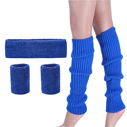 LADES Leg Warmers Set - 80s Women Accessories Set Fancy Dress Blue Running Knit Neon Headband Wristbands Leg Warmers 1980s Theme Party Costumes