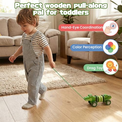 Image of Baby Toys Car,Wooden Pull Along Toddler Toy, Developmental Toy for 1 Year Old Girl Boy Birthday Gift (Crocodile)