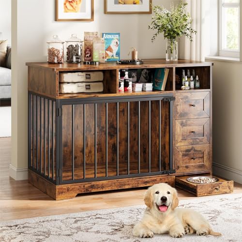48'' Dog Crate Furniture, Farmhouse Dog Kennel Furniture with Dog Bowl & Storage Drawers, Heavy Duty Dog Cage End Table for Medium Small Dogs, Retro Brown