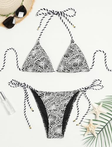 Image of ZAFUL 2 Piece Triangle Bikini for Women Knitted Rope Halter Bikini Sets Sexy Bathing Suit Side Tie Swimsuits Beachwear