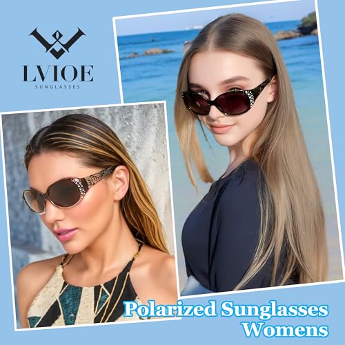 LVIOE Polarized Sunglasses for Women, Rhinestone Wrap Around Sunglasses with UV Protection Lens LS0082