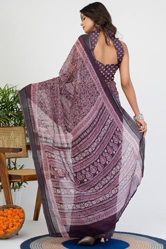 Image of MIRCHI FASHION Women Saree Cotton Blend Leaf Printed | Traditional Festive and Occasional Sari with Unstitched Blouse