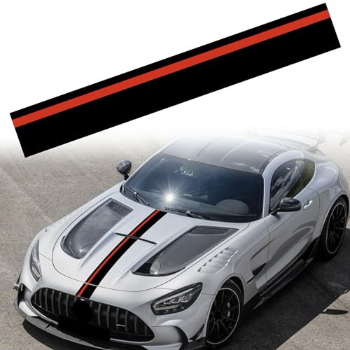 Image of TOMALL 55''x7'' Car Hood Sticker Auto Racing Body Side Skirt Roof Hood Bumper Stripe Decal Vinyl Waterproof Modified Stripe Decal Decorations for Car (Matte Black+Red)