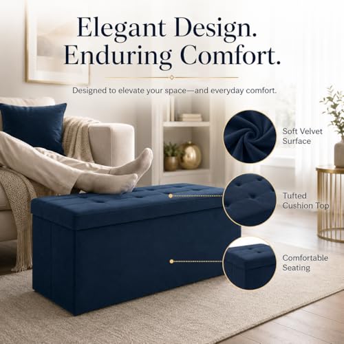 Image of ALASDO 43 Inch Folding Storage Ottoman Bench with Hidden Storage, Velvet Storage Ottoman Foot Rest Stool, End of Bed Bench for Bedroom, Living Room, Entryway and Closet, Navy Blue