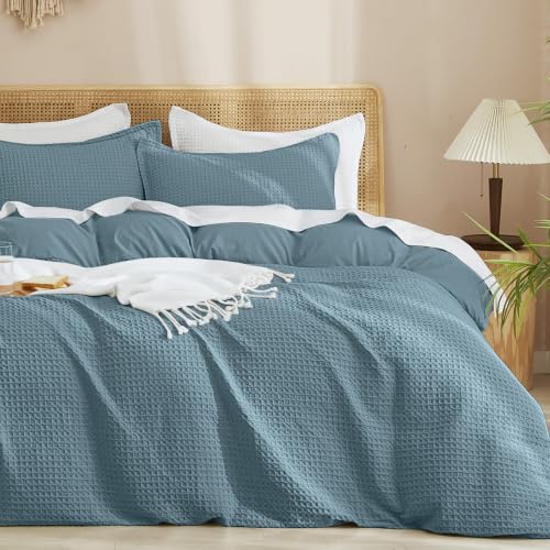Image of PHF Waffle Duvet Cover Set Queen Size, No Snagging Ultra Soft Luxury Textured Breathable Comforter Cover for All Season 3pcs, Durable Bedding Duvet Set with 2 Pillow Shams, 90 inchx90 inch, Stormy Blue