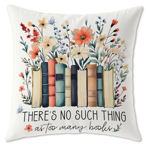 Image of Floral Book Pillow Covers 18x18, Reading Corner Nook Room Decor, Book Lover Gifts, There's No Such Thing As Too Many Books Decorative Throw Pillow Covers for Bedroom Home Library