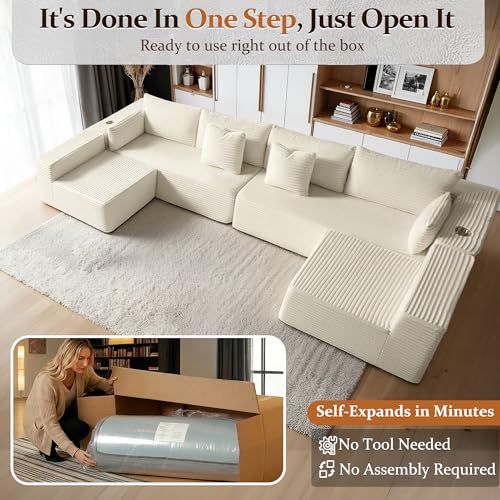Image of 138 inch Cloud Sectional Couch, Comfort U Shaped Sofa for Living Room, Extra Deep Seats No Assembly, Minimalist Modular Couch, Corduroy (Cream, 6 Seats,U-Shape B)