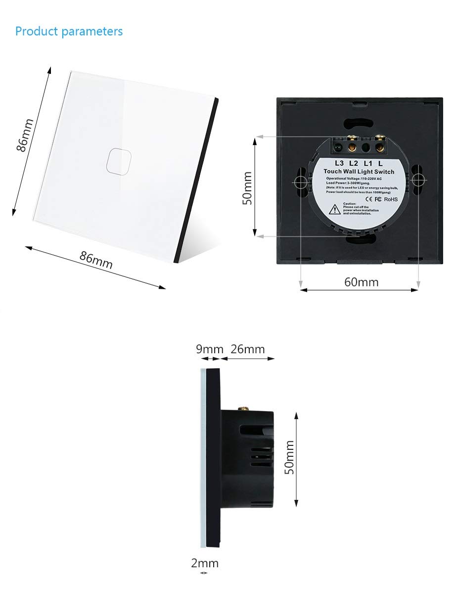 2 PCS Interruptor táctil de luz de Cristal de Cristal Blanco de Lujo estándar de 2 Piezas, 1 Interruptor táctil de Gang 1 Way Interruptor Pared (Color : 1 Gang Square White)