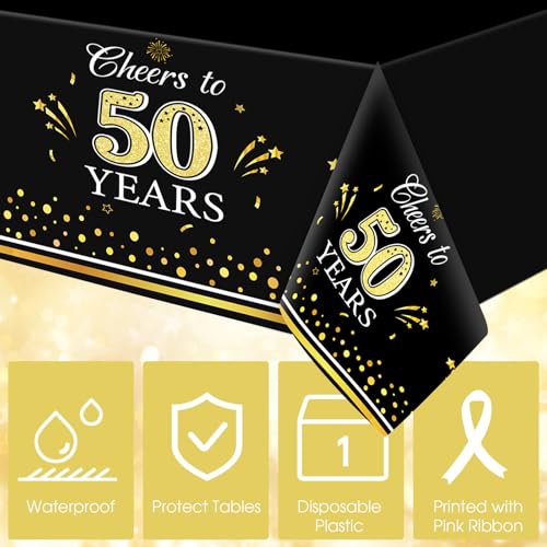Image of Ganeen 3 Pack 50th Birthday Tablecloth, Black and Gold 50th Birthday Decorations Disposable Plastic Cheers to 50 Years Table Cover Rectangular Party Supplies for Men Women, 54 x 108 Inch
