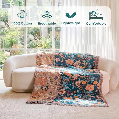 Image of MSGKV Boho Throw Blanket 60 inchx80 inch Fall Vintage Cotton Birds Floral Blanket