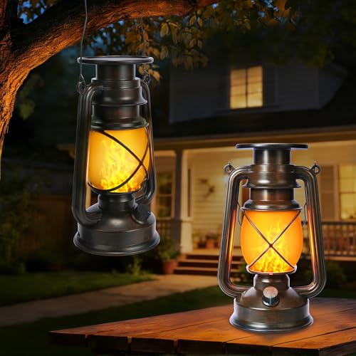 Toodour 2 Pack Hanging Solar Lantern Outdoor - Solar Vintage Lantern with Flickering Flame, 2 Modes Waterproof Hanging Outdoor Lights for Camping, Patio, Deck, Yard, Path, Outdoor Decorations