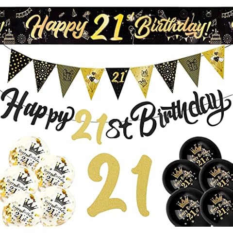 21st Birthday Decoration Kit, 13 Pieces Birthday Party Decoration Include Happy 21st Birthday Banner, Bunting, 12” Latex Printed Balloons, 9ft Banner for Women Men 21st Birthday Decorations Supplies Cover