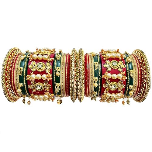 R j Enterprises Women's Flower Design Bridal Chura Set | Wedding Punjabi Bangles | Traditional Ethnic Jewellery (Size-2.8-M)