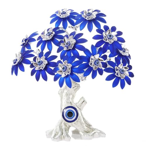 Image of eCraftIndia Tree of Life Bonsai Evil Eye Tree Showpiece (Silver & Blue) Feng Shui Items for Good Luck Positive Energy Vastu Shelf Living Room Home Decor Gift for Housewarming