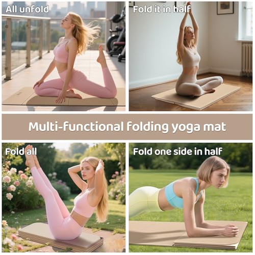 Image of Foldable Yoga Mat Exercise Mat for Home Workout, Comfortable and Durable, 8mm Thick Portable Folding Mat, Non-Slip, Pilates Mat Thick, Outdoor Use, Meditation, Travel, Camping (71 inchx24 inch x 0.3 inch) (Milk Coffee + Black) (Brown+Black)