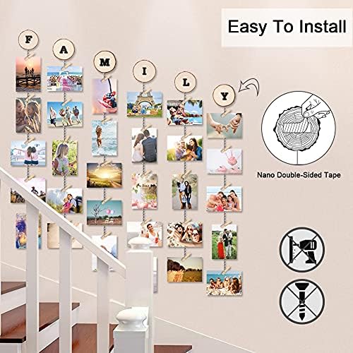 Uping Hanging Photo Display Picture Photo Frame DIY Picture Frames Collage Set Collage Photo Frames with 6 Lines and 30 Wooden Clips (2 Sheets Alphabet & Number Stickers)