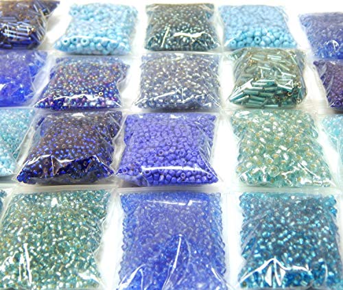 Perlin Roccailles Rocailles Perlen Blau Aqua Sapphire Set 2mm 3mm 4mm 6mm Rund und Stift Glasperlen 20 Pack 400g für Kette Bastelset Seed Beads AM21
