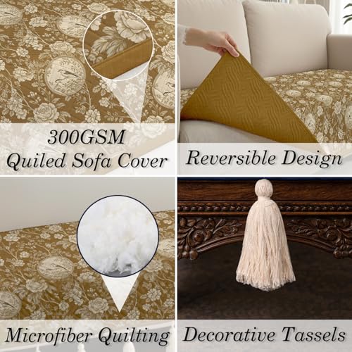 Image of Cloth Fusion 300 GSM Quilted Jaipuri Theme Printed 2 Seater Sofa Cover Mat-Style Fully Covered with Armrest Pockets, Adjustable Straps & Lock Fit (120 cm Seat Run, Floral Toile)