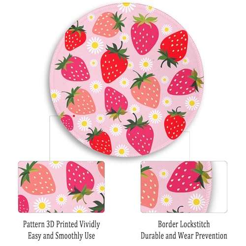 Image of Gctriki Strawberry Mouse Pad, with Stitched Edge Non-Slip Rubber Base, Small Round Comfortable Computer Mousepad for Laptop Gaming Work, Pink Office Desk Accessories for Her