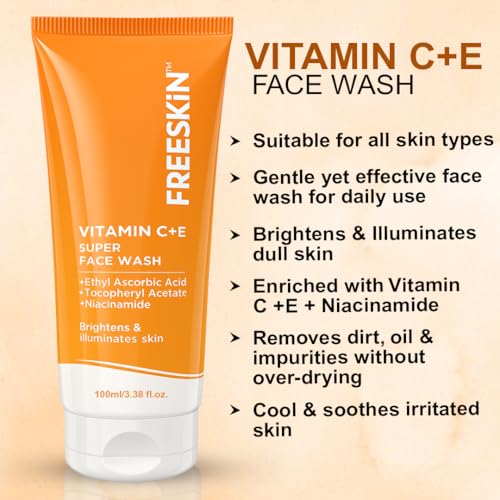 Image of Freeskin Vitamin C & E Supar Face Wash with Niacinamide, Ethyl Ascorbic Acid & Tocopheryl Acetate - Brightens, Illuminates & Evens Skin Tone, Reduces Dark Spots & Improves Skin Radiance, 100ml