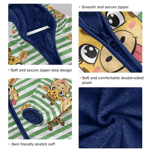 Giraffe Faces on Green Stripes Toddler Fleece Jacket Girl Boys Hooded Fleece Jacket Coat Warm Outwear Zip-up 3-10T3