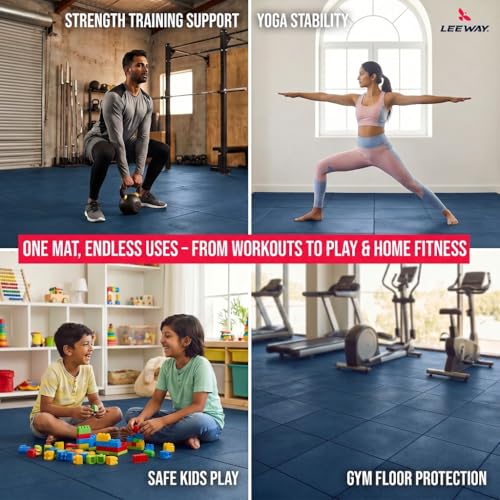 Image of Leeway Gym Mats for Floor | SBR (Set of 10, 10mm, 20 inchx20 inch) Blue | Gym Floor Mat Rubber for Heavy Workout | Equipment Matt for Home Exercise | | Yoga Rubber Tiles, Kids Rooms Heavy Duty Flooring Sheet