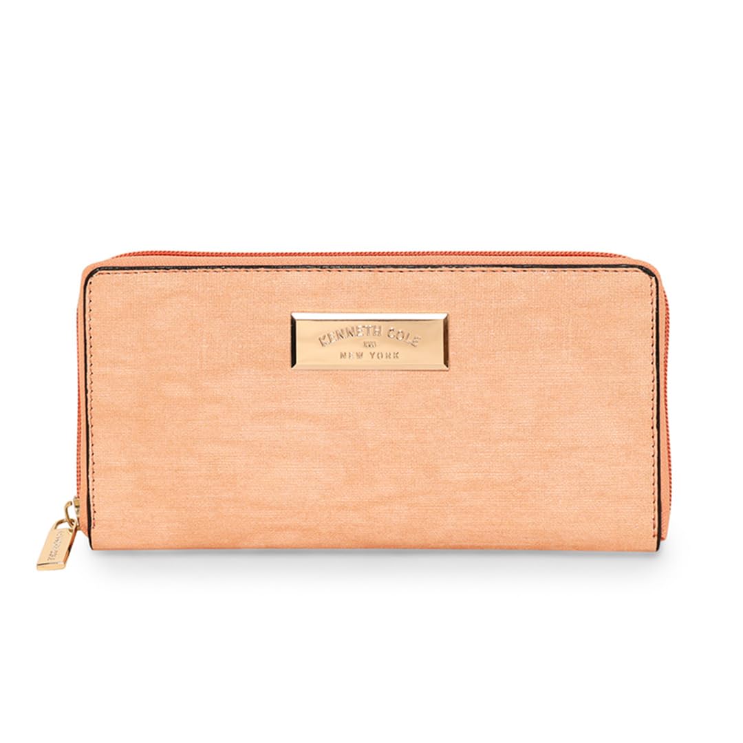 kenneth cole new york Women's Zip-Around Wallet | Structured Ladies Purse with Textured PU Leather | Secure 12 Card Slots, Smooth Gold Zips | Sophisticated Organizer Clutch with Wide 270° Opening, Peach-picture-11