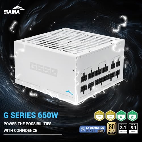 Image of SAMA G650 650W Gold ATX 3.1 PCIe 5.1 Fully Modular Power Supply, White | 80 PLUS Gold Certified,Cybenetics Gold Rated,Japanese Capacitors,PCIe 5.1 (450W),12V-2x6,ECO Silent Fan,650W Gaming PSU