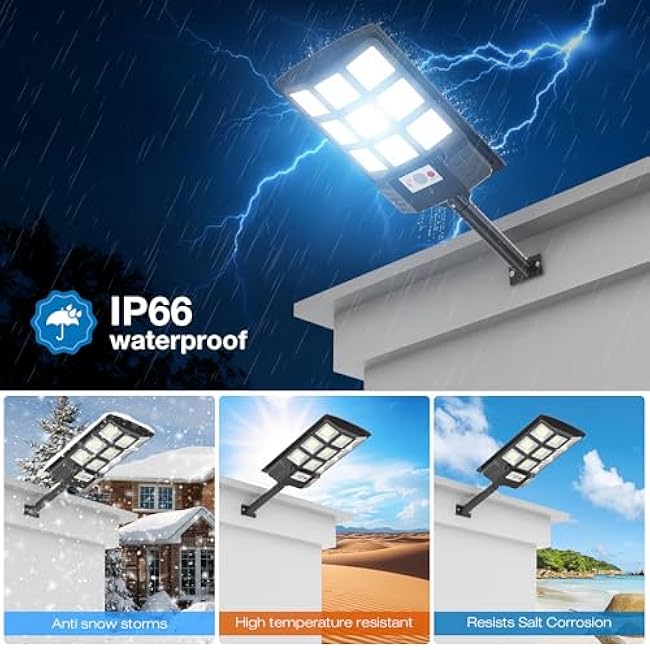 Solar Lights Outdoor,IP66 Waterproof Solar Street Lights Outdoor,6500K LED Dusk to Dawn Security Flood light with Motion Sensor and Remote Control for Yard,Parking Lot, Courtyards,Garages 2-Pack