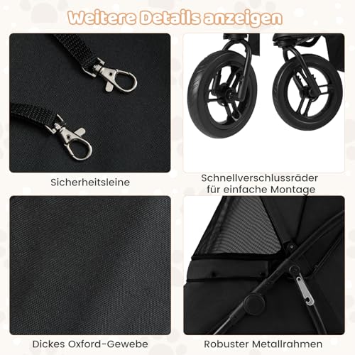 COSTWAY Hundewagen klappbar, Hundebuggy bis 25 kg, Katzenwagen 3 Rad, Haustierwagen mit verstellbarem Sonnendach, Netzfenster, Korb & Polster, Haustierbuggy für Katzen Hunde (Schwarz)