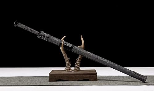 Miniatura 3 de LOONGSWORD Chinese Han Jian  Hoja de acero al manganeso forjado a mano, vaina negra con patrones grabados, artes marciales coleccionables y espada