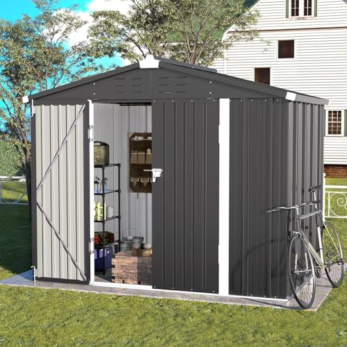 UDPATIO Casetas de Jardín Exterior, 250x184x193 cm, Cobertizo de Metal Negro con Puerta Abatible y Cerradura, Caseta de Almacenamiento para Herramientas y Equipos