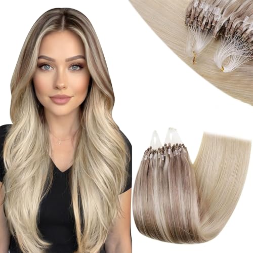 RUNATURE Micro Hair Extensions Human Hair Blonde Balayage Micro Beads Hair Extensions Real Human Hair Ombre Blonde Micro Loop Hair Extensions 24 Inch 50g
