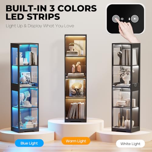 Image of BROTTAR Glass Display Cabinet, 4-Tier Curio Cabinets with 3 Color Lights for Collectibles, Storage Cabinet with Door, Glass Display Case & Bookcase with Human Body Sensor, Black