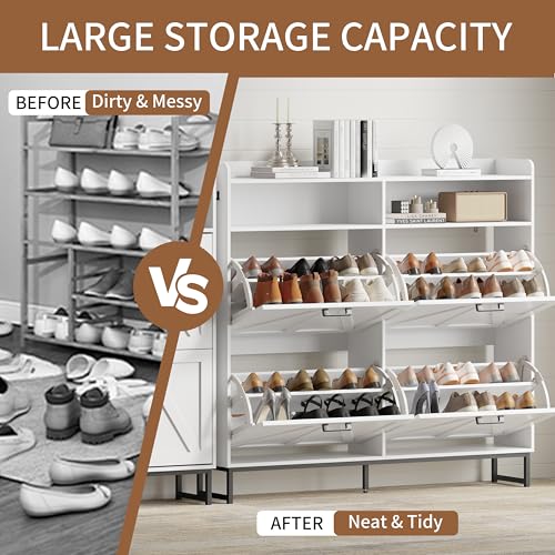 Image of Shoe Cabinet with 4 Flip Drawers, Freestanding Hidden Shoe Storage Organizer for Entryway, Narrow Slim Shoe Rack Cabinet with Open Storage & Hooks for Front Door Entrance, Living Room, Hallway, White